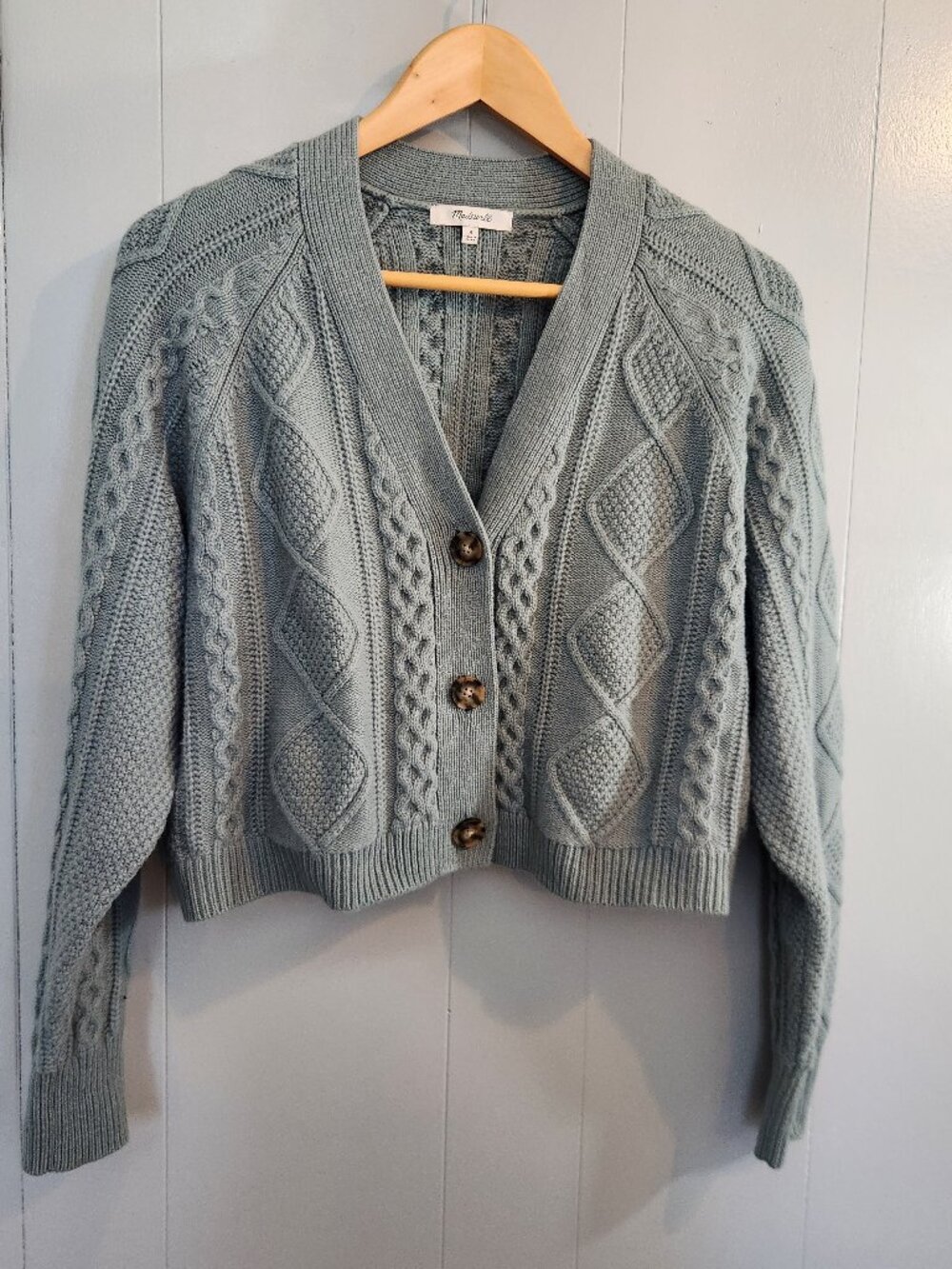 Madewell cable knit cropped vneck cardigan sweater wool cotton - Picture 2 of 10